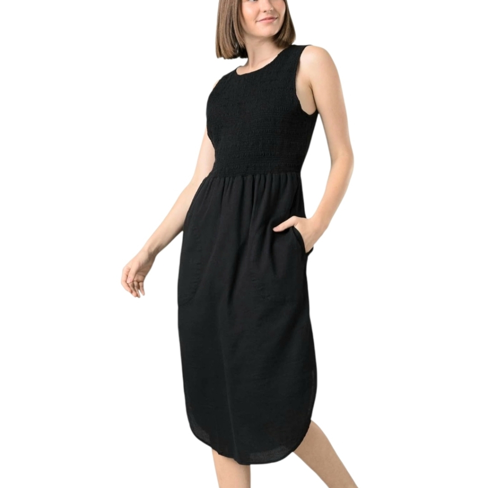 NEW prAna Seakissed Midi Dress Organic Black Cotton Smocked Sz Med NWT